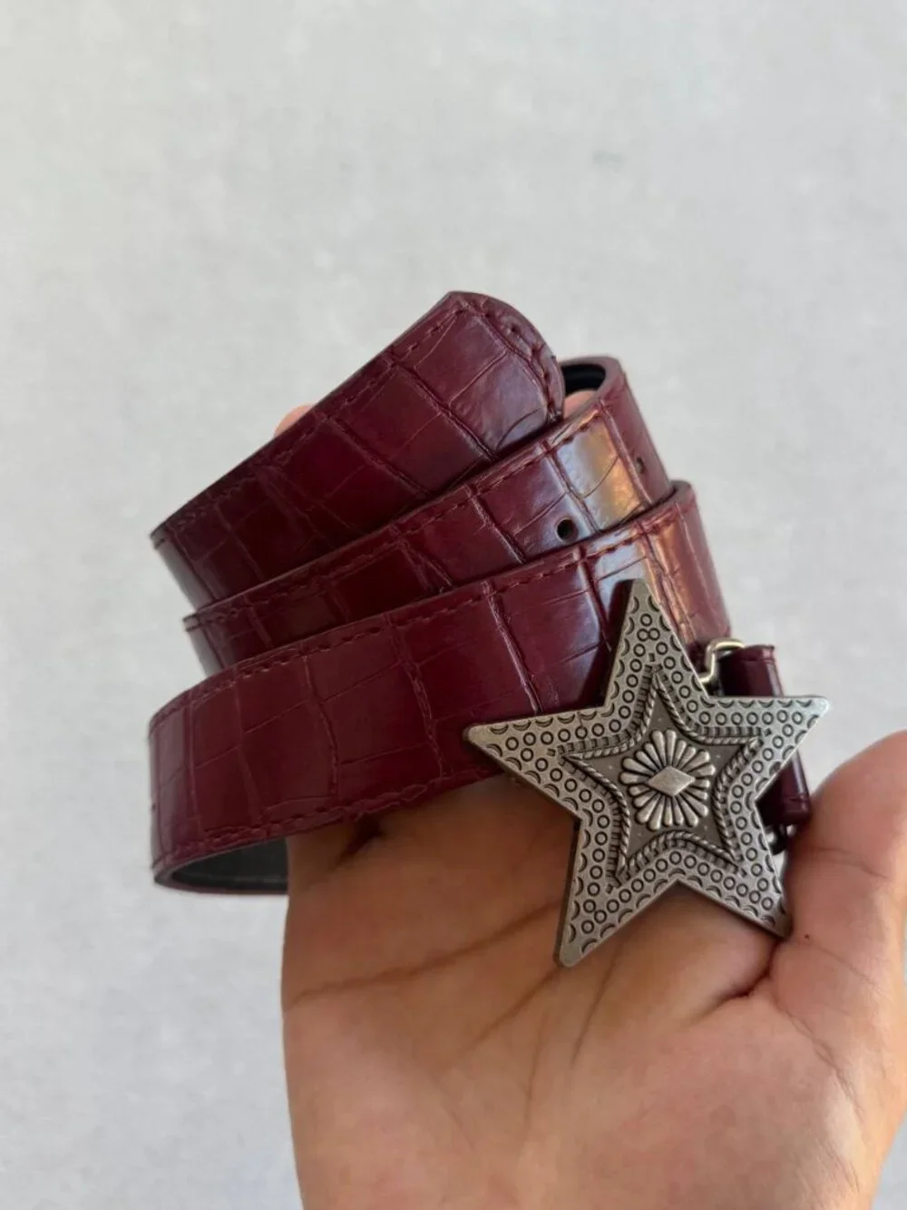 Burgundy Croc Embossed Western Star Belt